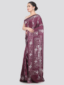 Pinkloom Wine Handloom Silk Embroidered Katha Stitch Work Saree