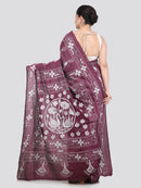 Pinkloom Wine Handloom Silk Embroidered Katha Stitch Work Saree