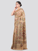 Pinkloom Beige Handloom Silk Embroidered Katha Stitch Work Saree