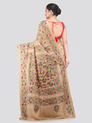 Pinkloom Beige Handloom Silk Embroidered Katha Stitch Work Saree