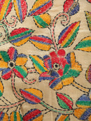 Pinkloom Beige Handloom Silk Embroidered Katha Stitch Work Saree