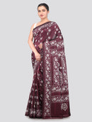 Pinkloom Wine Handloom Silk Embroidered Katha Stitch Work Saree