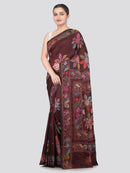 Pinkloom Wine Handloom Silk Embroidered Katha Stitch Work Saree