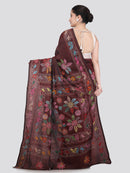 Pinkloom Wine Handloom Silk Embroidered Katha Stitch Work Saree
