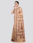 Pinkloom Beige Handloom Silk Embroidered Katha Stitch Work Saree