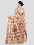 Pinkloom Beige Handloom Silk Embroidered Katha Stitch Work Saree