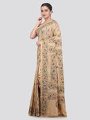 Pinkloom Beige Handloom Silk Embroidered Katha Stitch Work Saree