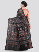 Pinkloom Black Handloom Silk Embroidered Katha Stitch Work Saree