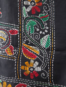 Pinkloom Black Handloom Silk Embroidered Katha Stitch Work Saree