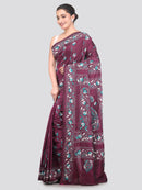 Pinkloom Wine Handloom Silk Embroidered Katha Stitch Work Saree