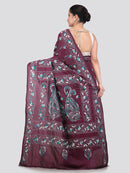 Pinkloom Wine Handloom Silk Embroidered Katha Stitch Work Saree