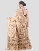 Pinkloom Beige Handloom Silk Embroidered Katha Stitch Work Saree