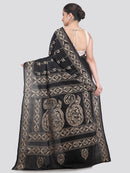 Pinkloom Black Handloom Silk Embroidered Katha Stitch Work Saree