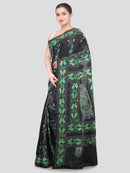 Pinkloom Black Handloom Silk Embroidered Katha Stitch Work Saree