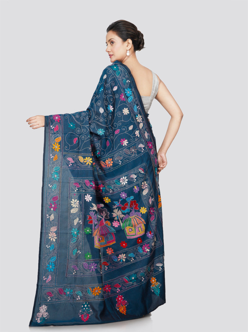 PinkLoom Women's Silk Kantha Stitch Saree With Unstitched Blouse Piece