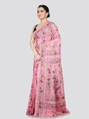 PinkLoom Women's Pink Embroidered Kantha Work Silk Saree