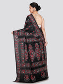 PinkLoom Women's Black Embroidered Kantha Work Silk Saree
