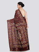 PinkLoom Women's Brown Embroidered Kantha Work Silk Saree
