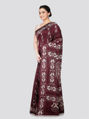 PinkLoom Women's Brown Embroidered Kantha Work Silk Saree