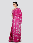 PinkLoom Women's Pink Embroidered Kantha Work Silk Saree