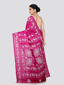 PinkLoom Women's Pink Embroidered Kantha Work Silk Saree