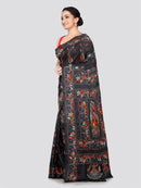 PinkLoom Women's Black Embroidered Kantha Work Silk Saree