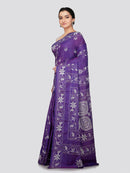 PinkLoom Women's Purple Embroidered Kantha Work Silk Saree