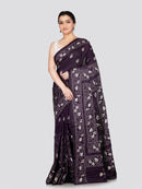 PinkLoom Women's Blue Embroidered Kantha Work Silk Saree