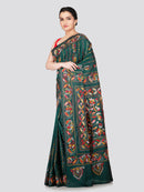 PinkLoom Women's Green Embroidered Kantha Work Silk Saree