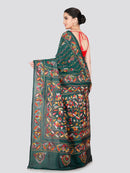 PinkLoom Women's Green Embroidered Kantha Work Silk Saree