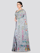 PinkLoom Women's Grey Embroidered Kantha Work Silk Saree