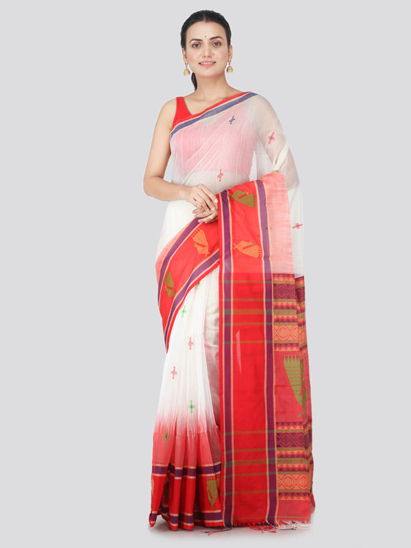 PinkLoom Women's Cotton Blend Saree With Blouse Piece (DP-HSLK1-0145_White)