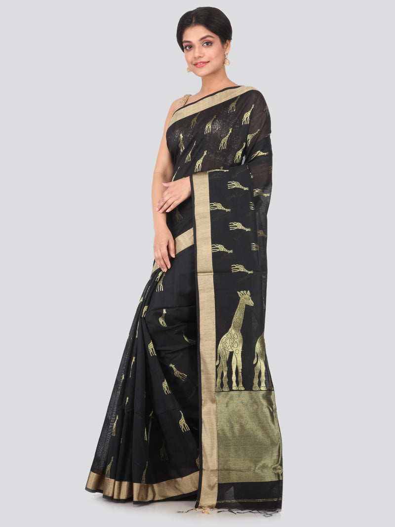 PinkLoom Women's Cotton Silk Saree with Blouse Piece (GB-HSLK5-0184_Black)