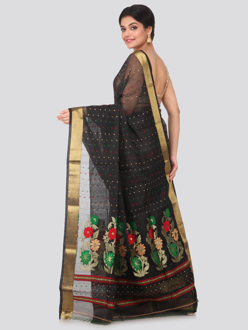 PinkLoom Women's Cotton Silk Saree with Blouse Piece_Black