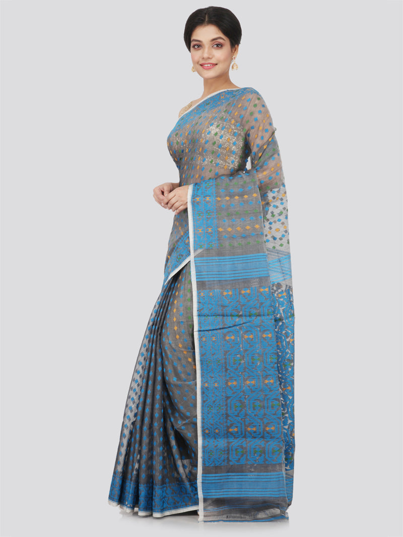PinkLoom Women's Soft Cotton Jamdani Saree without Blouse Piece (GB-MUSJ10-0023, Grey)