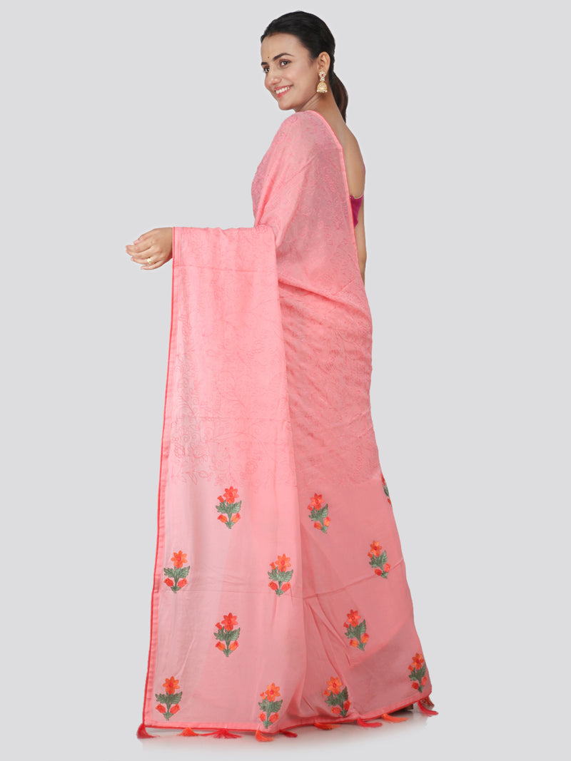 PinkLoom Women's Chiffon Saree With Blouse Piece (ME18_Pink)