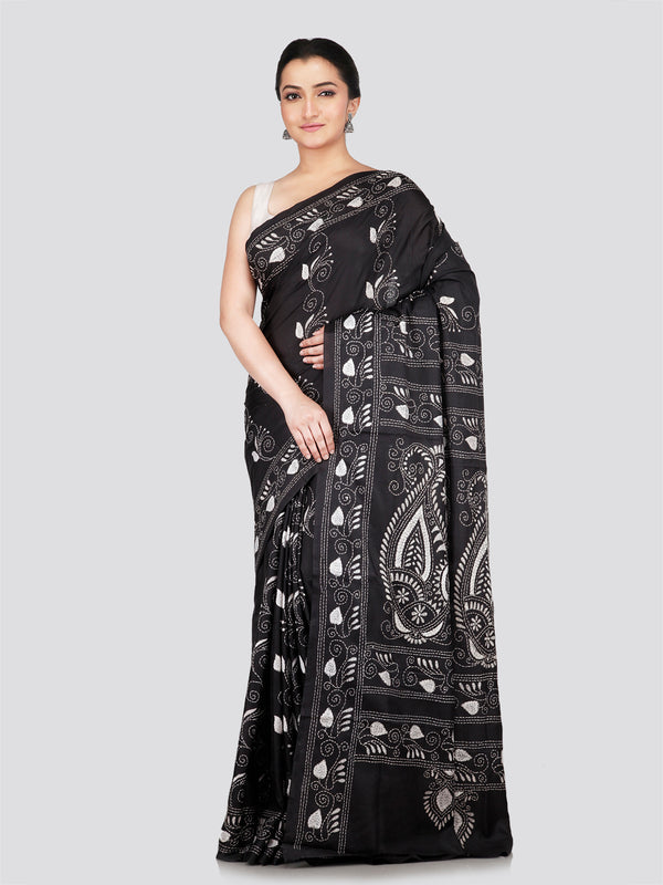 PinkLoom Women's Black Embroidered Kantha Work Silk Saree