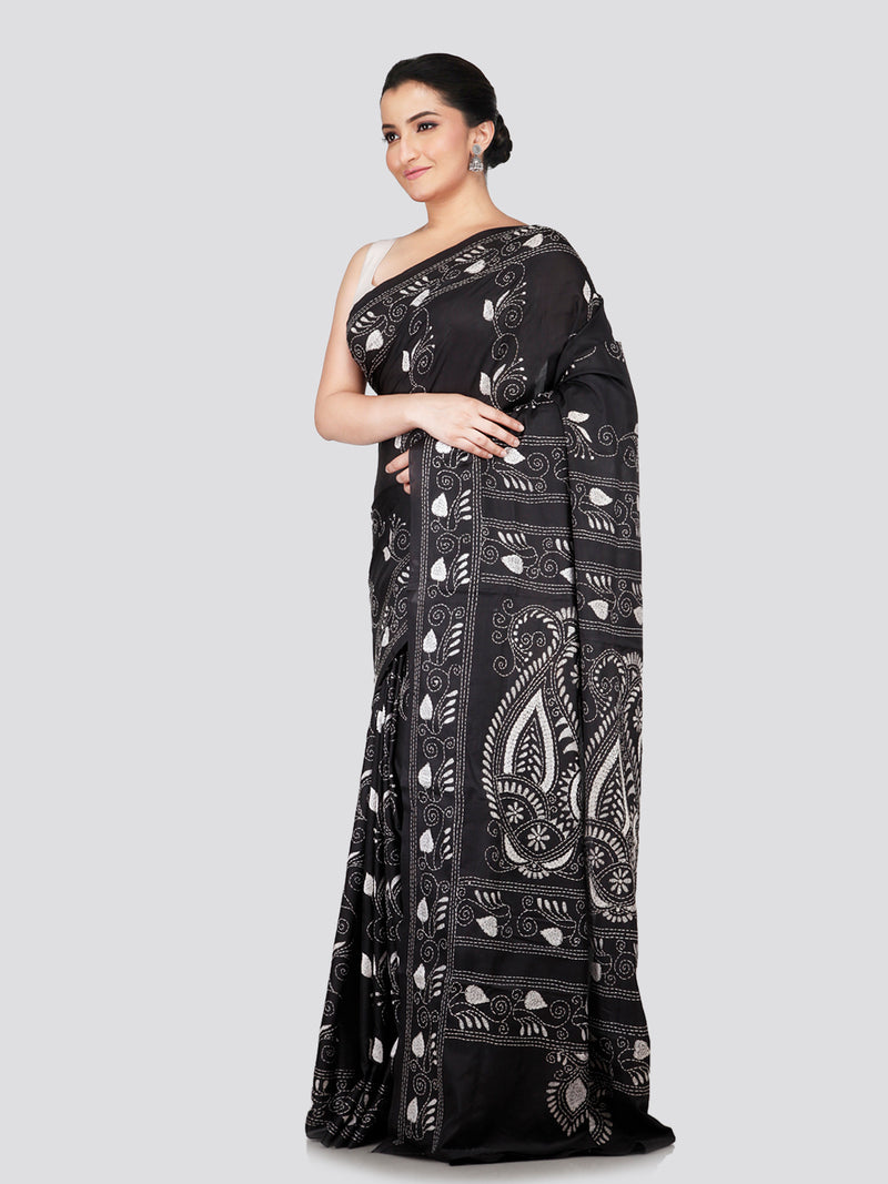 PinkLoom Women's Black Embroidered Kantha Work Silk Saree