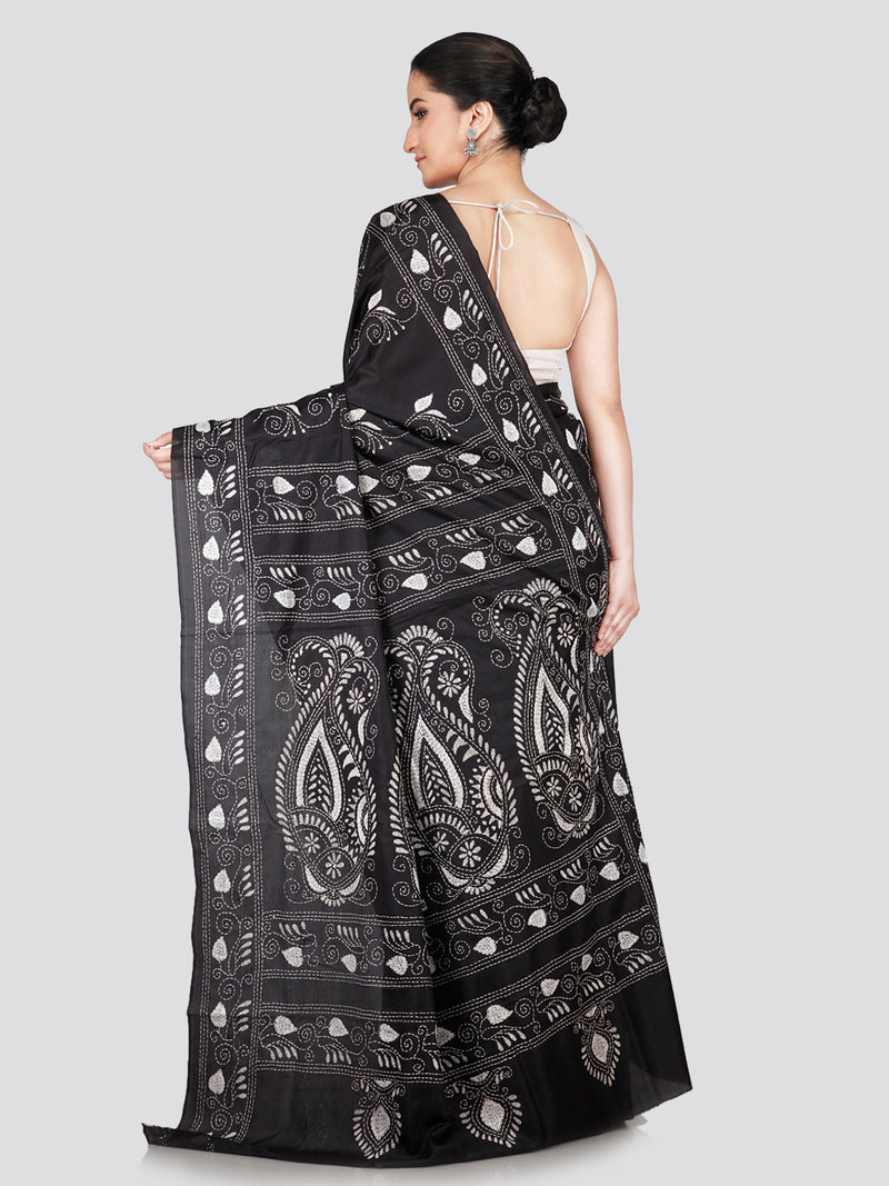 PinkLoom Women's Black Embroidered Kantha Work Silk Saree