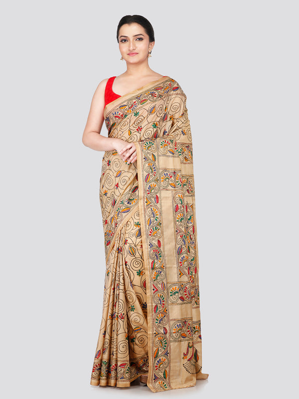 PinkLoom Women's Beige Embroidered Kantha Work Silk Saree