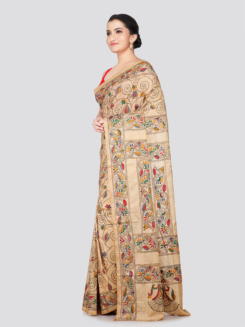 PinkLoom Women's Beige Embroidered Kantha Work Silk Saree