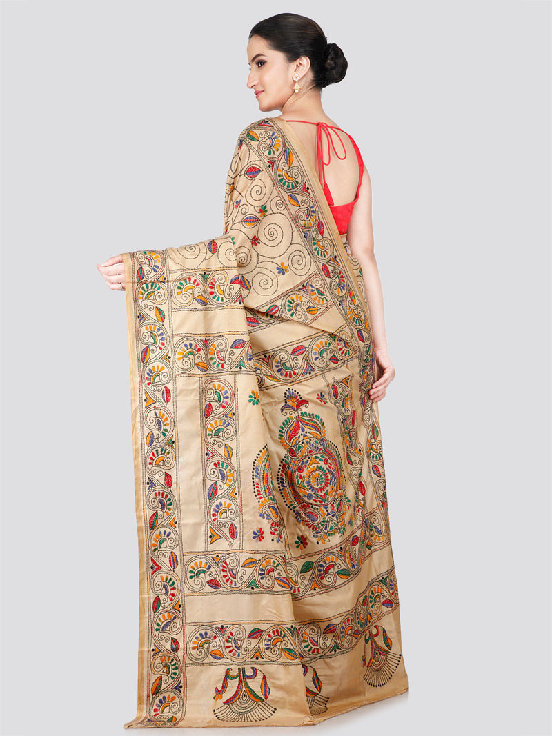 PinkLoom Women's Beige Embroidered Kantha Work Silk Saree