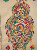 PinkLoom Women's Beige Embroidered Kantha Work Silk Saree