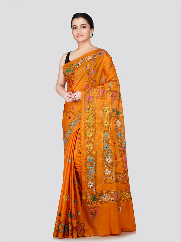 PinkLoom Women's Yellow Embroidered Kantha Work Silk Saree