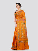 PinkLoom Women's Yellow Embroidered Kantha Work Silk Saree