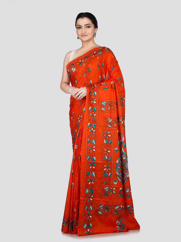 PinkLoom Women's Orange Embroidered Kantha Work Silk Saree