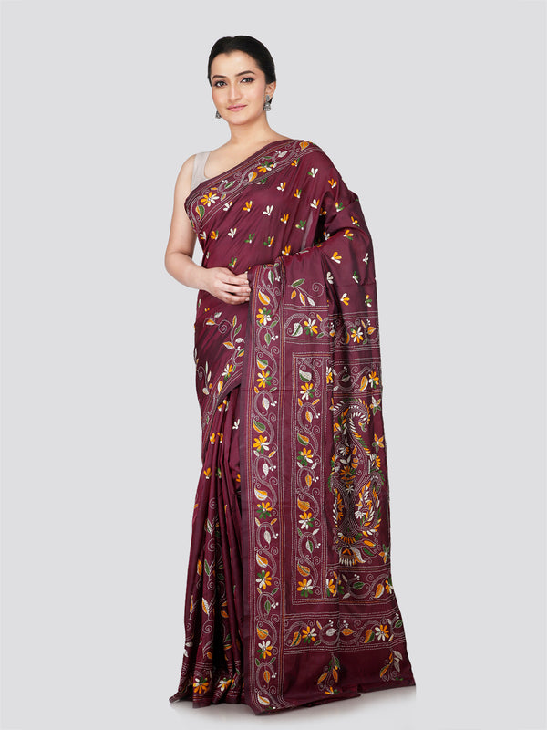 PinkLoom Women's Maroon Embroidered Kantha Work Silk Saree