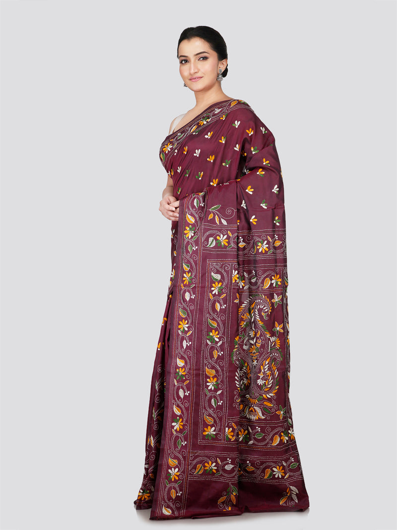 PinkLoom Women's Maroon Embroidered Kantha Work Silk Saree