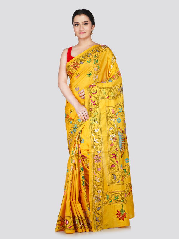 PinkLoom Women's Yellow Embroidered Kantha Work Silk Saree