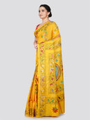 PinkLoom Women's Yellow Embroidered Kantha Work Silk Saree